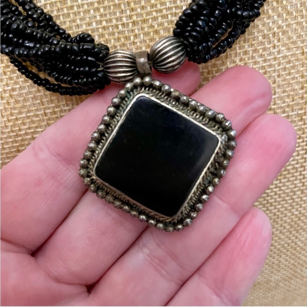 Vintage Tribal Bead Necklace with Silver & Onyx Pendant - Picture 4 of 8